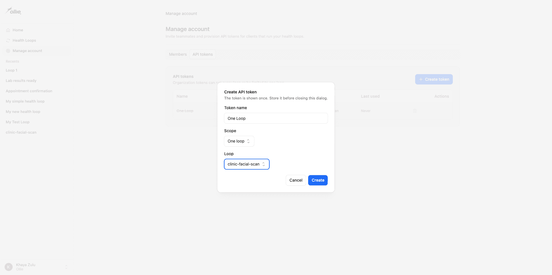 The Create-token dialog in its post-submit state — scope set to "One loop" / clinic-facial-scan, the revealed token string and Copy button visible.
