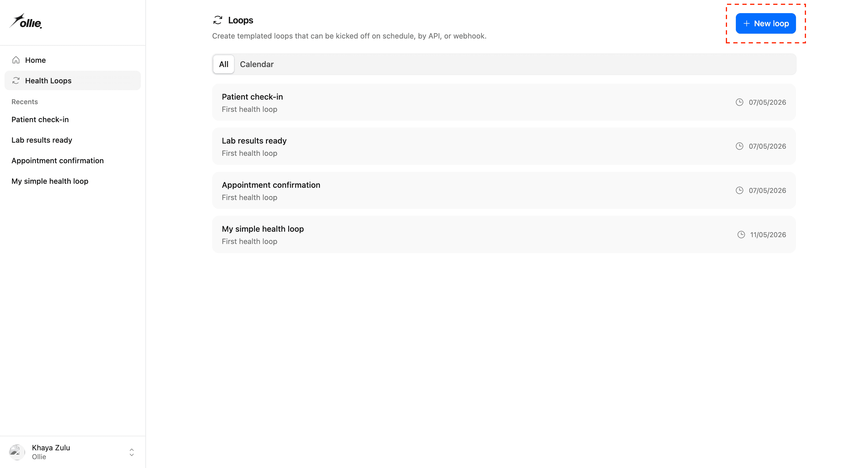 Screenshot of the "New Health Loop" button