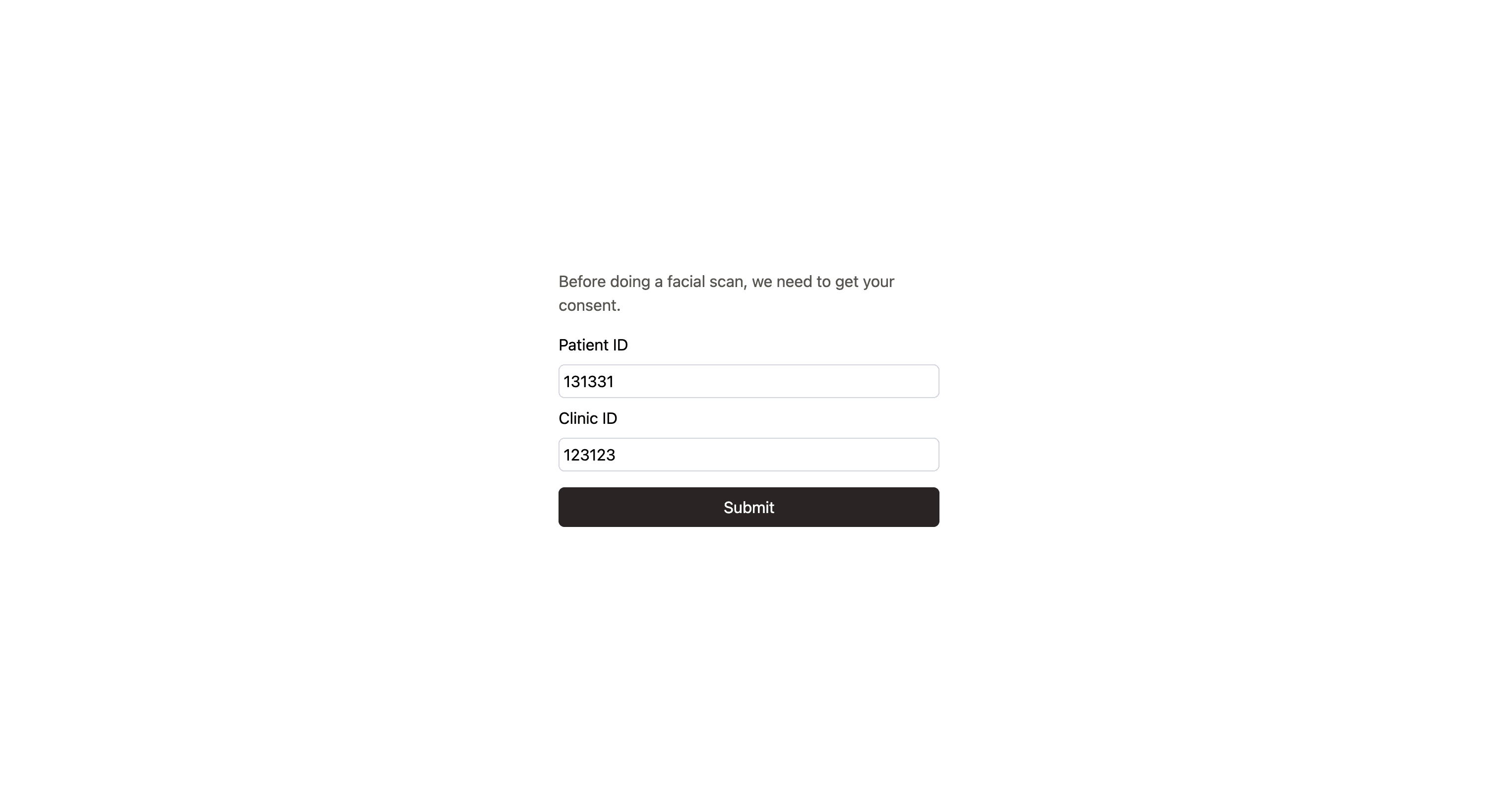 The mobile clinic microsite on a tablet with the scan flow embedded in the iframe — ideally on the intake form step, so it's clear the intake form is kept and the consent step is skipped.