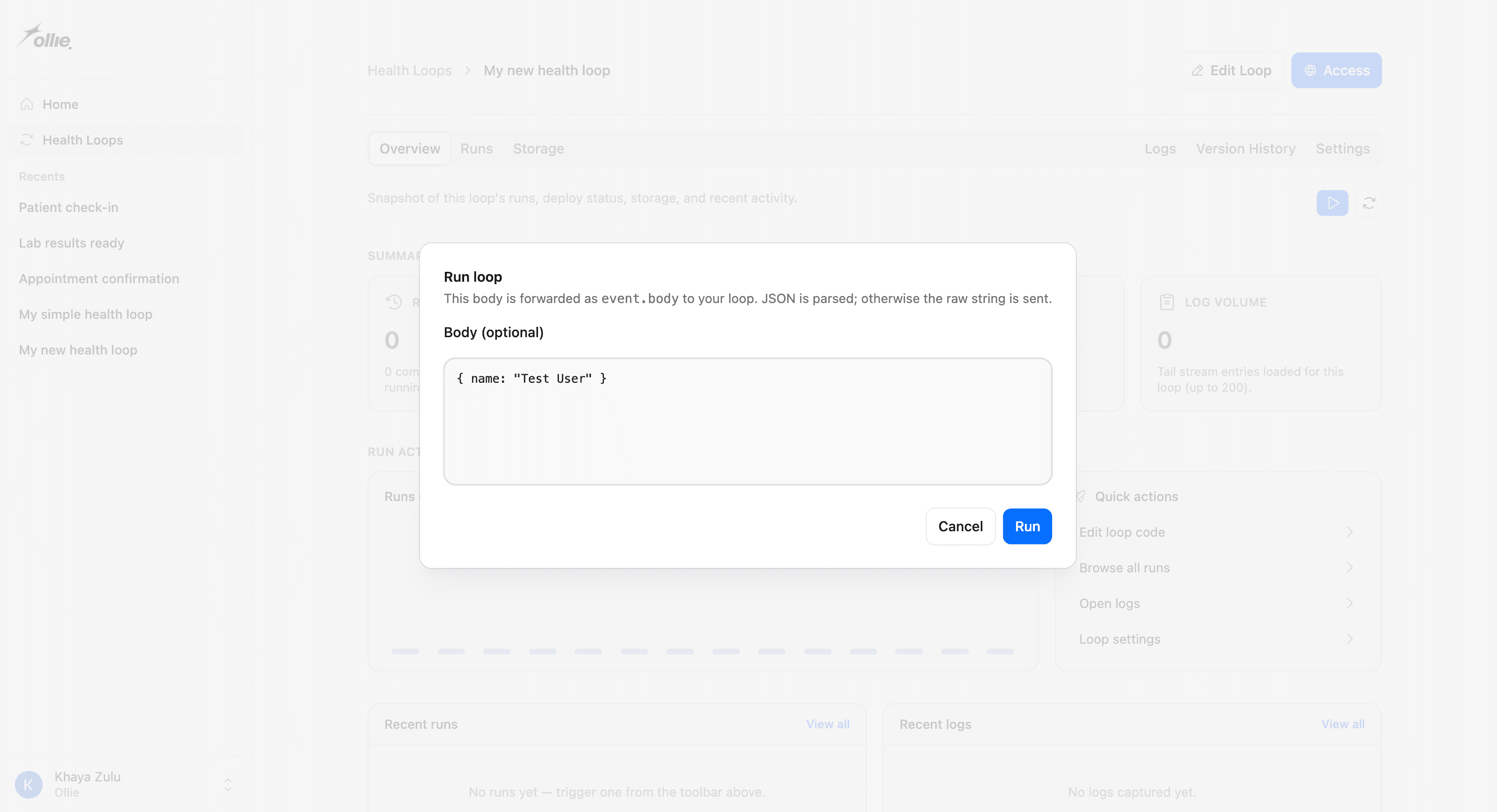 Screenshot of the run dialog with the JSON body filled in