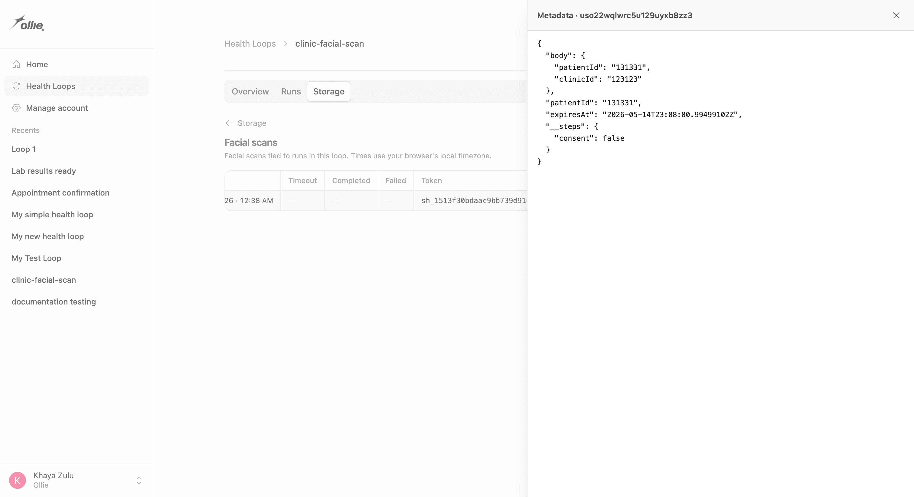 The JSON drawer open on one scan's Results (or Metadata) — shows the per-patient detail a clinician would review.
