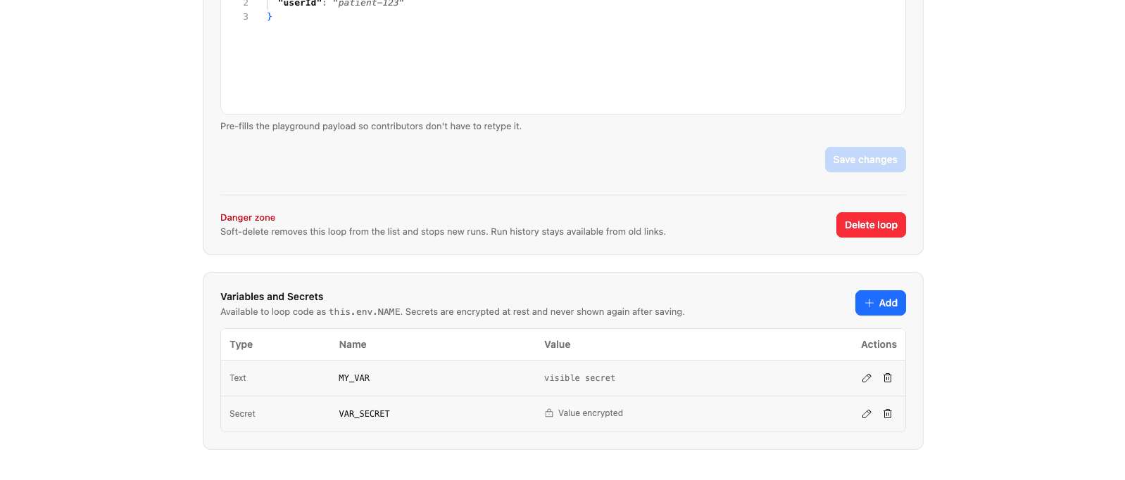 Screenshot of the Variables and Secrets page