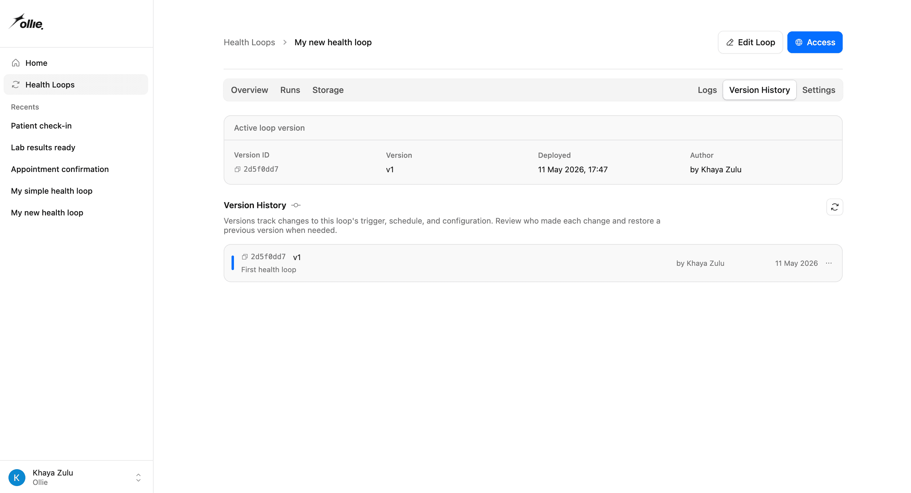 Screenshot of the loop overview page right after deploy